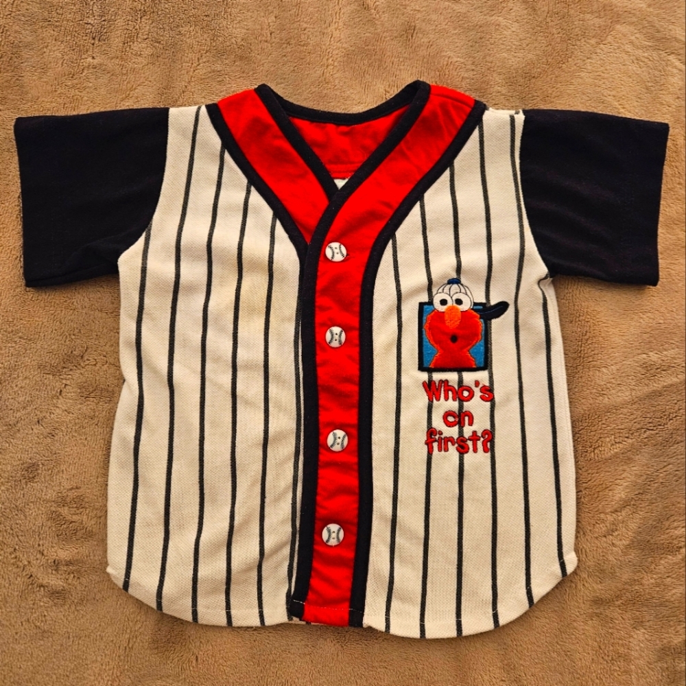 RARE Vintage Y2K Sesame Street Elmo Striped Character Baseball Jersey